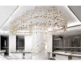 Golden Bubbles of Various Sizes Floating on a Jewelry Store