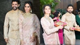 Farhan Akhtar-Shibani Dandekar make first appearance after wedding; twin in ethnic outfits