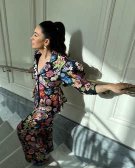 Karisma Kapoor is a flower child in a black floral embroidered Rahul Mishra pantsuit